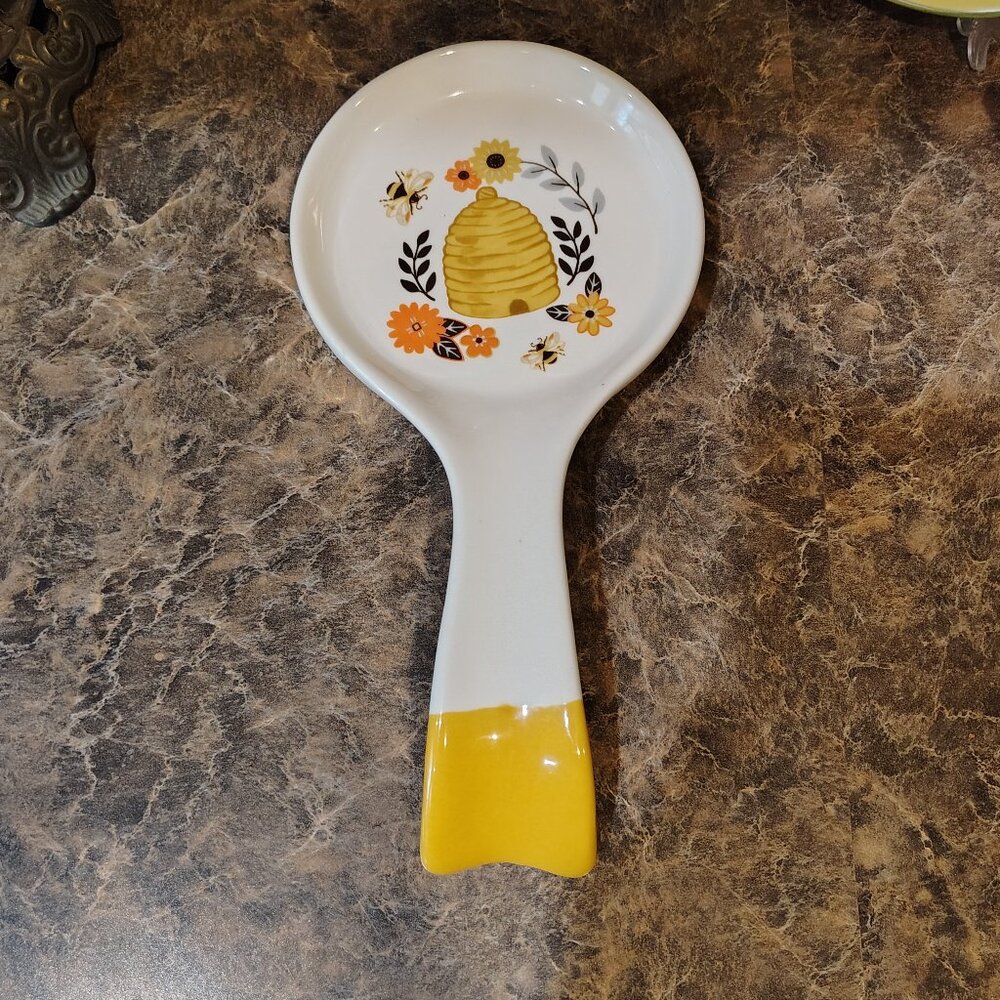 Prima Designs Spoon Rest Honeycomb Bumblebee Ceramic Retro Flowers Floral Decor